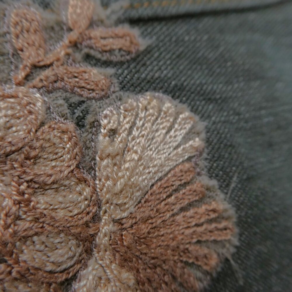 Vintage 90s Designer Flower Embossed Denim Trench Coat 3D Paisley Satin Lined 10 - Picture 7 of 14